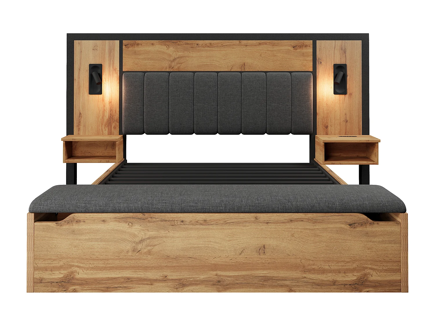 Letto adulto 160×200 cm - con luce lettura + prese di ricarica + panca contenitore - con base in metallo - Naturale