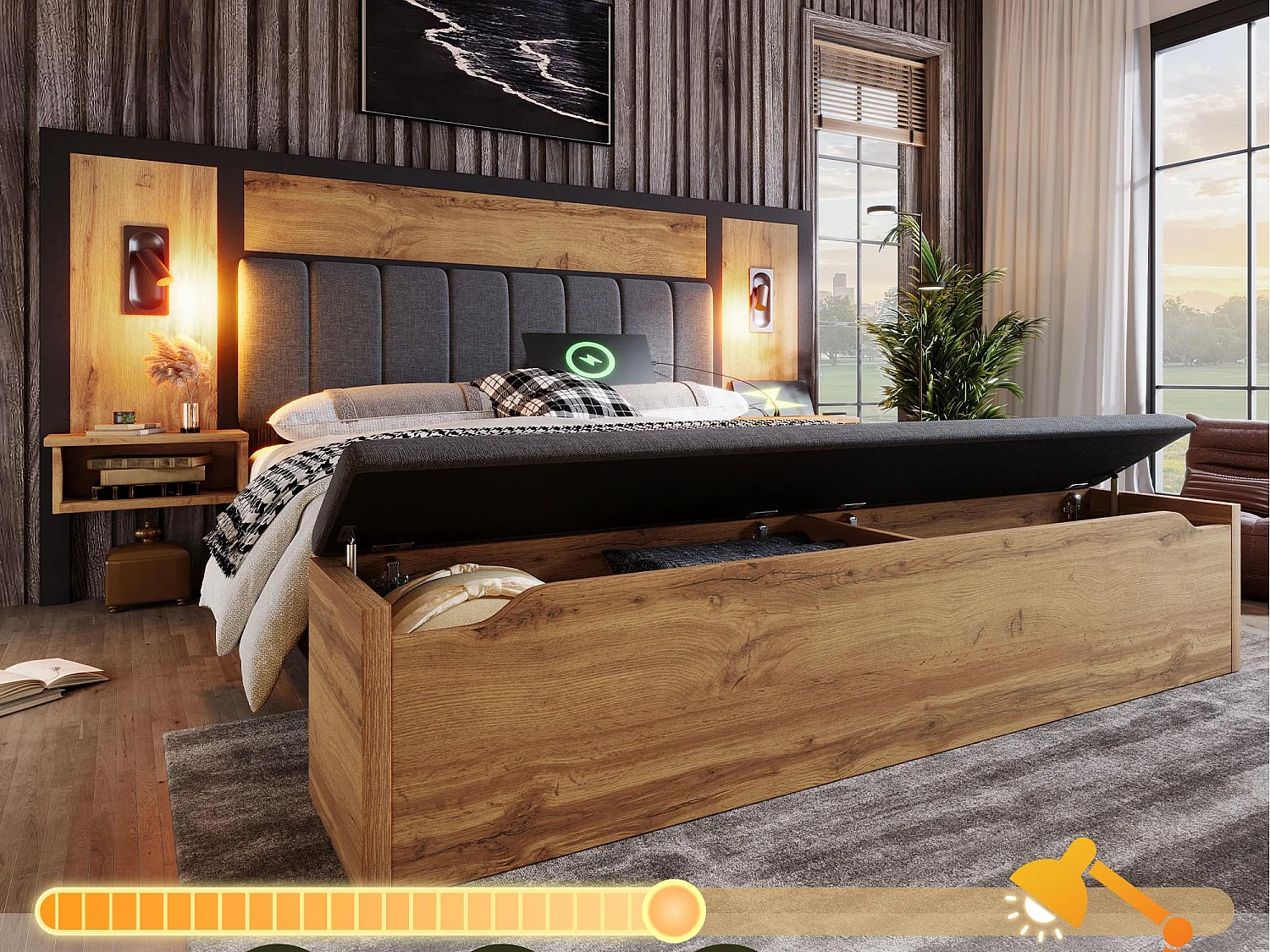 Lit adulte 160×200cm - avec liseuse + prises chargement + banquette de rangement - avec sommier en métal - Naturel