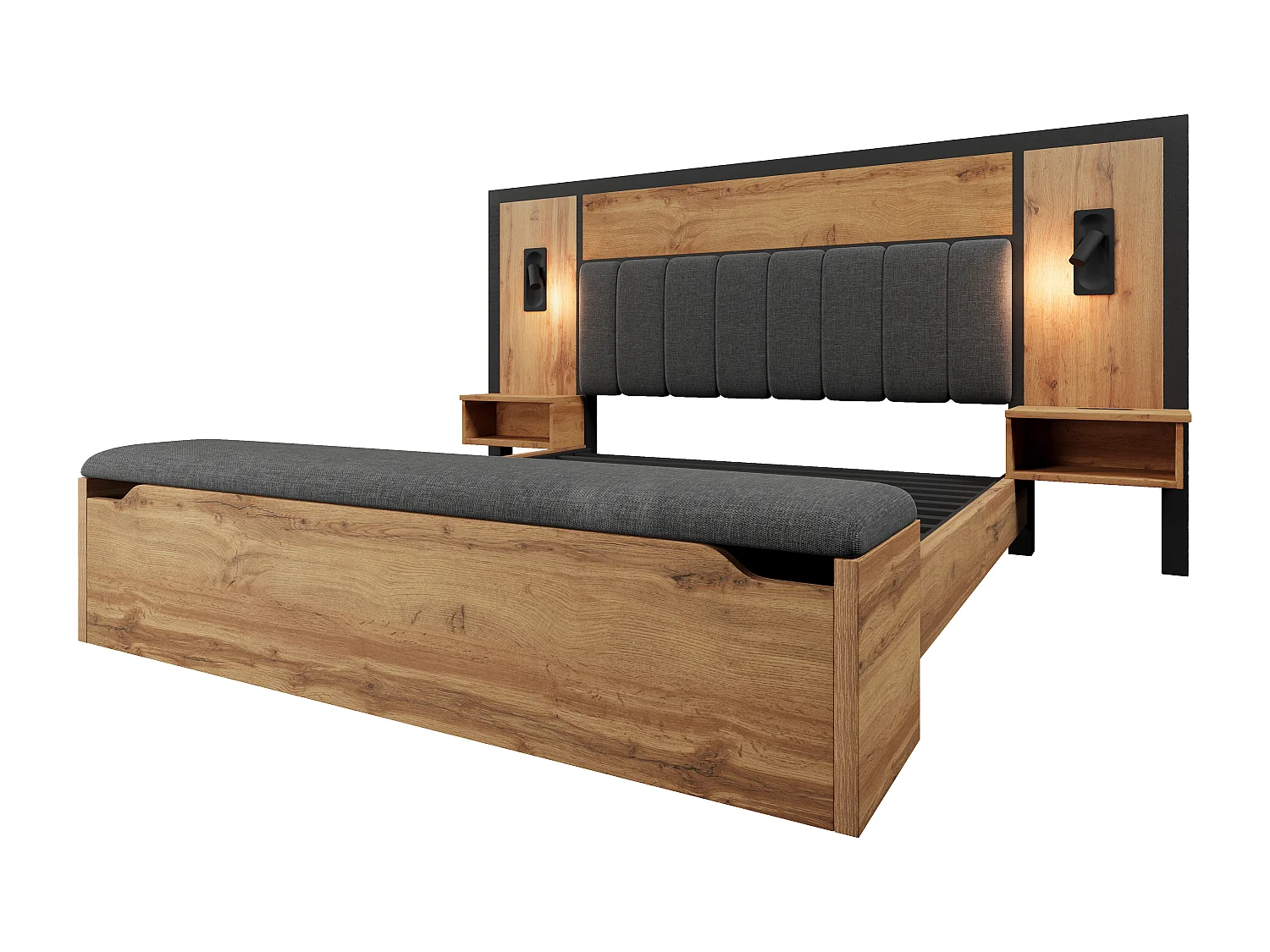 Lit adulte 160×200cm - avec liseuse + prises chargement + banquette de rangement - avec sommier en métal - Naturel