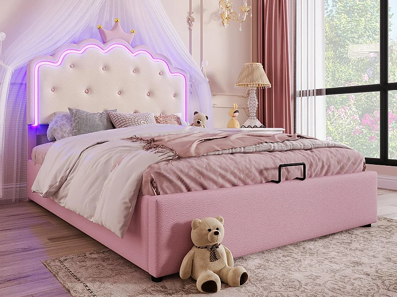 Lit coffre rembourré 140x200 cm en similicuir - avec LED et sommier à lattes - Rose