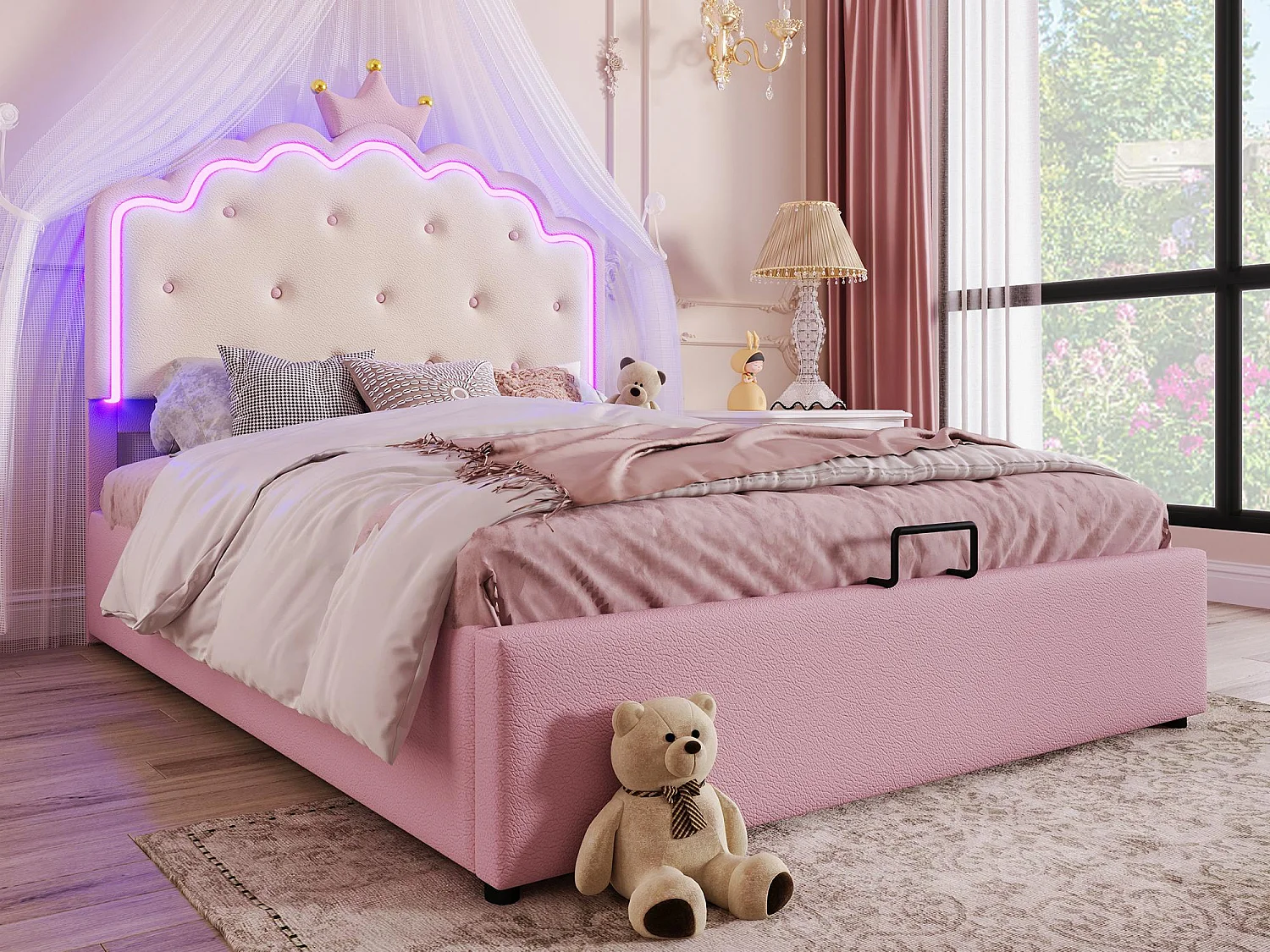 Cama estofada 140x200 cm em imitação de pele - com LED e base de ripas - Rosa