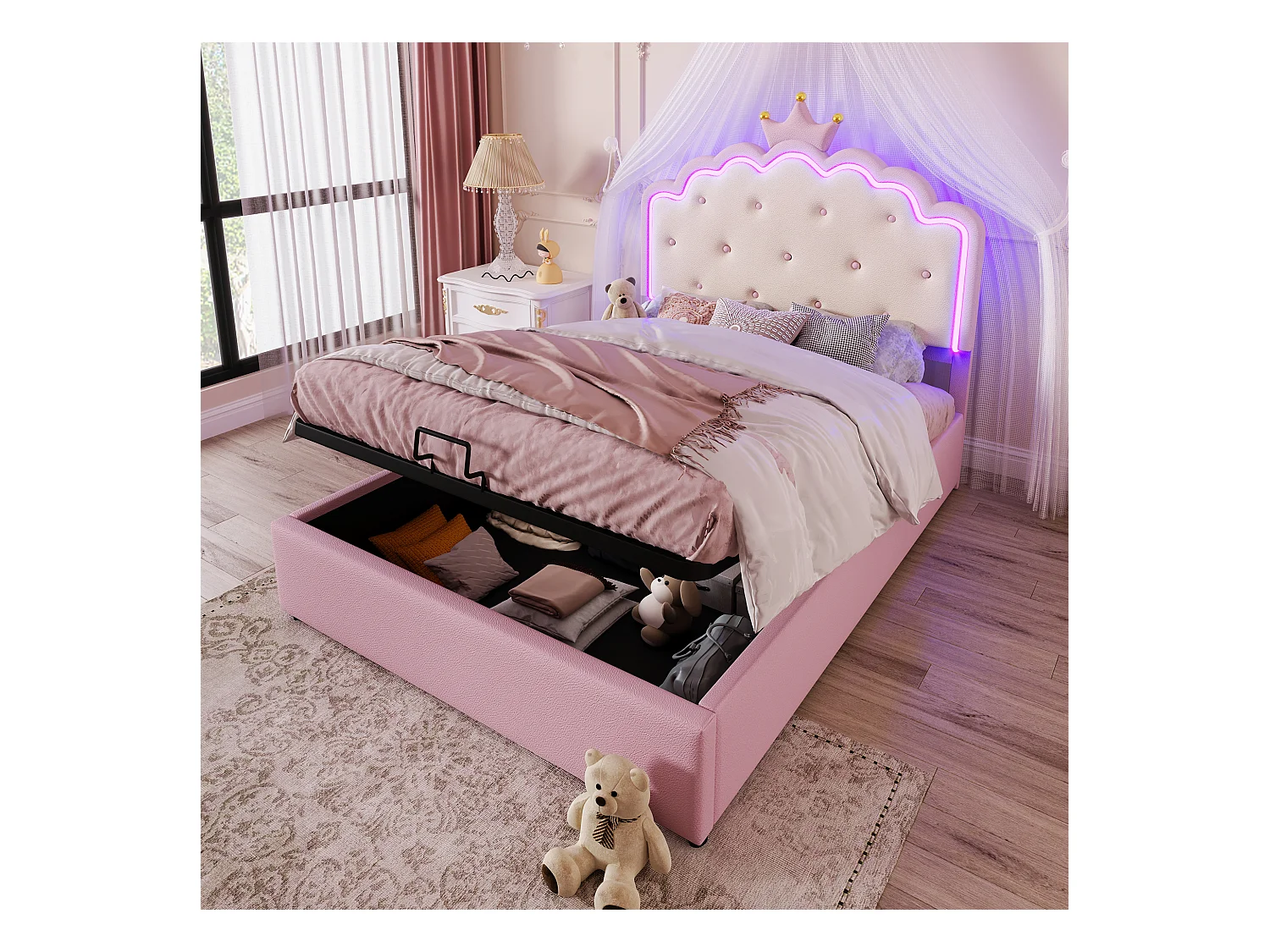 Cama estofada 140x200 cm em imitação de pele - com LED e base de ripas - Rosa