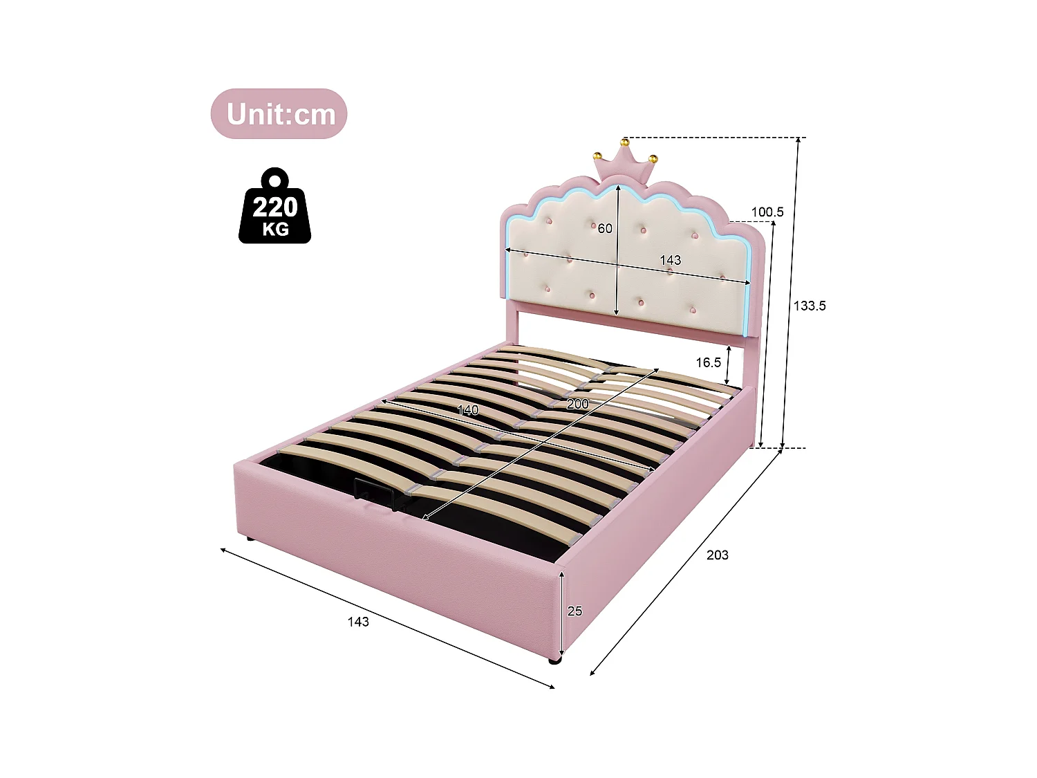 Cama estofada 140x200 cm em imitação de pele - com LED e base de ripas - Rosa