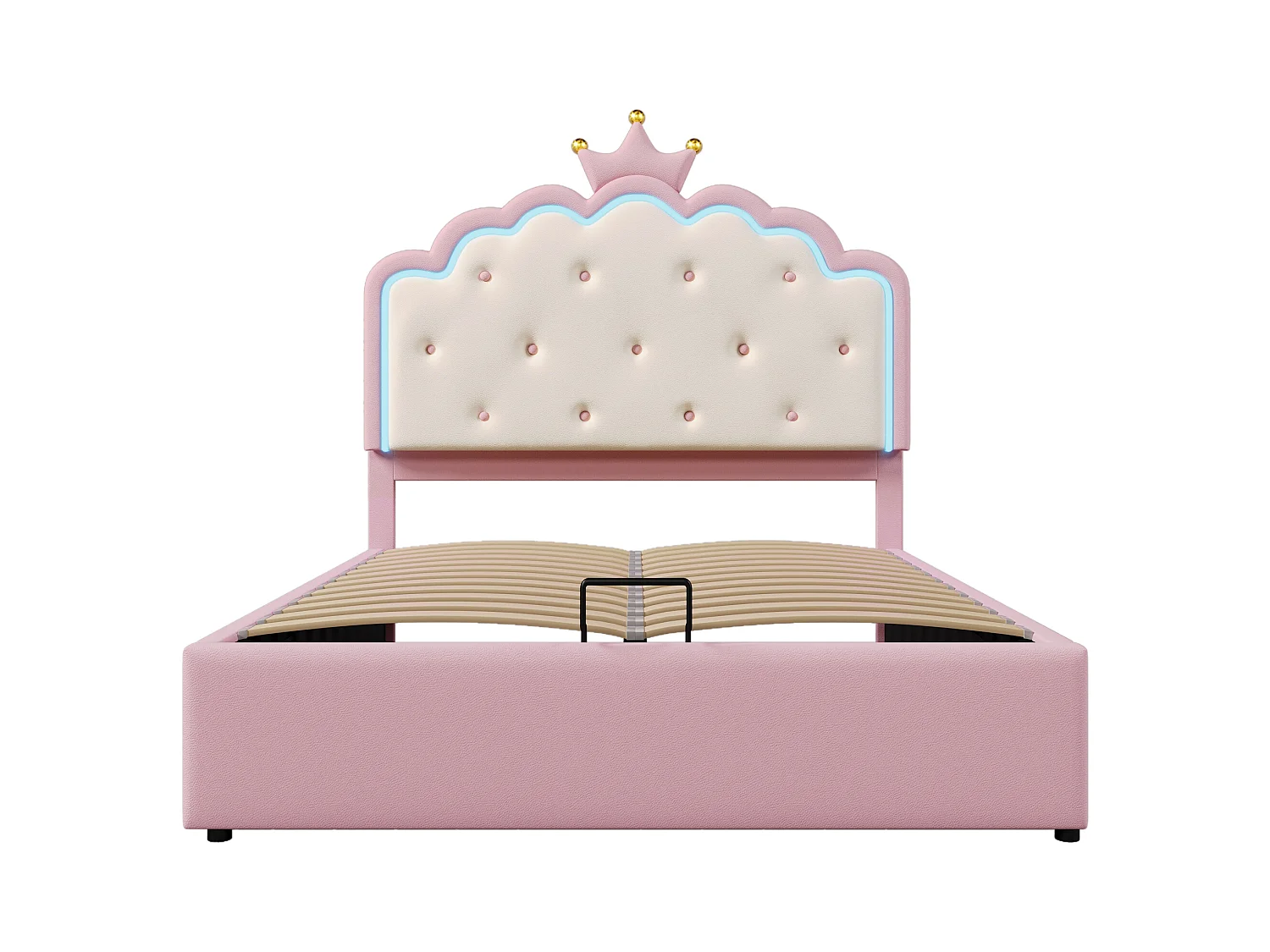 Cama estofada 140x200 cm em imitação de pele - com LED e base de ripas - Rosa