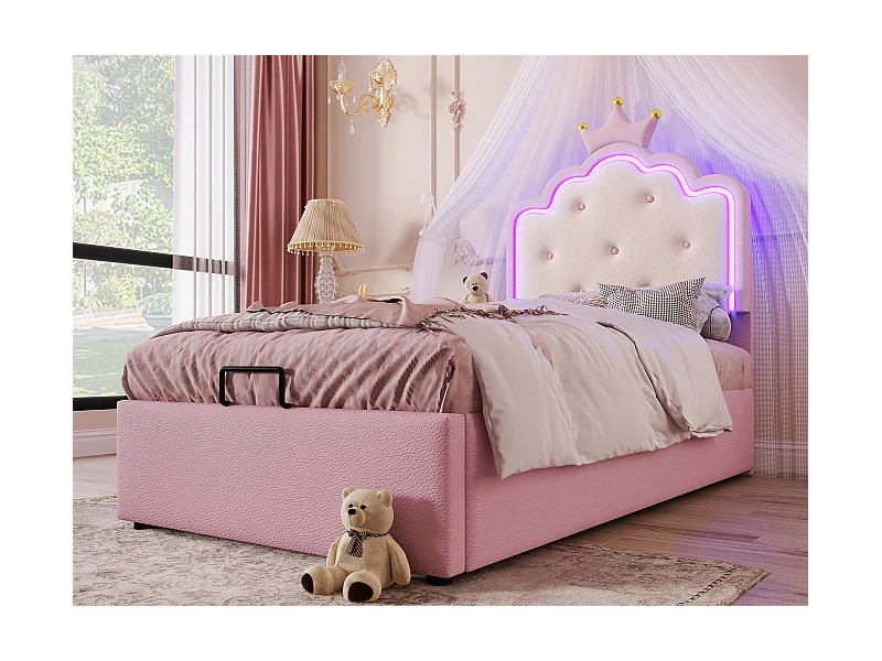 Gepolstertes Stauraumbett 90x200 cm aus Kunstleder – mit LED und Lattenrost – Rosa