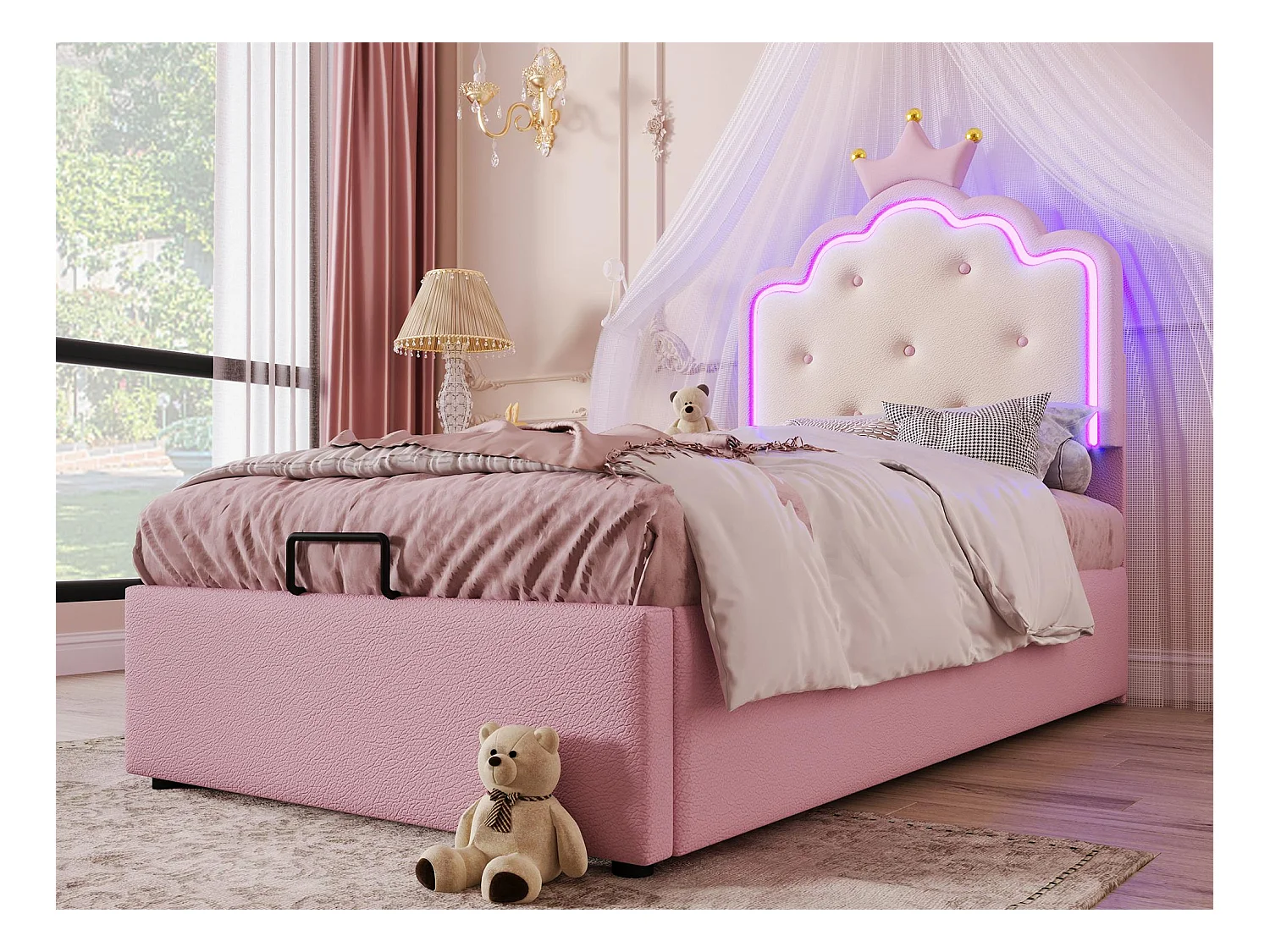 Lit coffre rembourré 90x200 cm en similicuir - avec LED et sommier à lattes - Rose