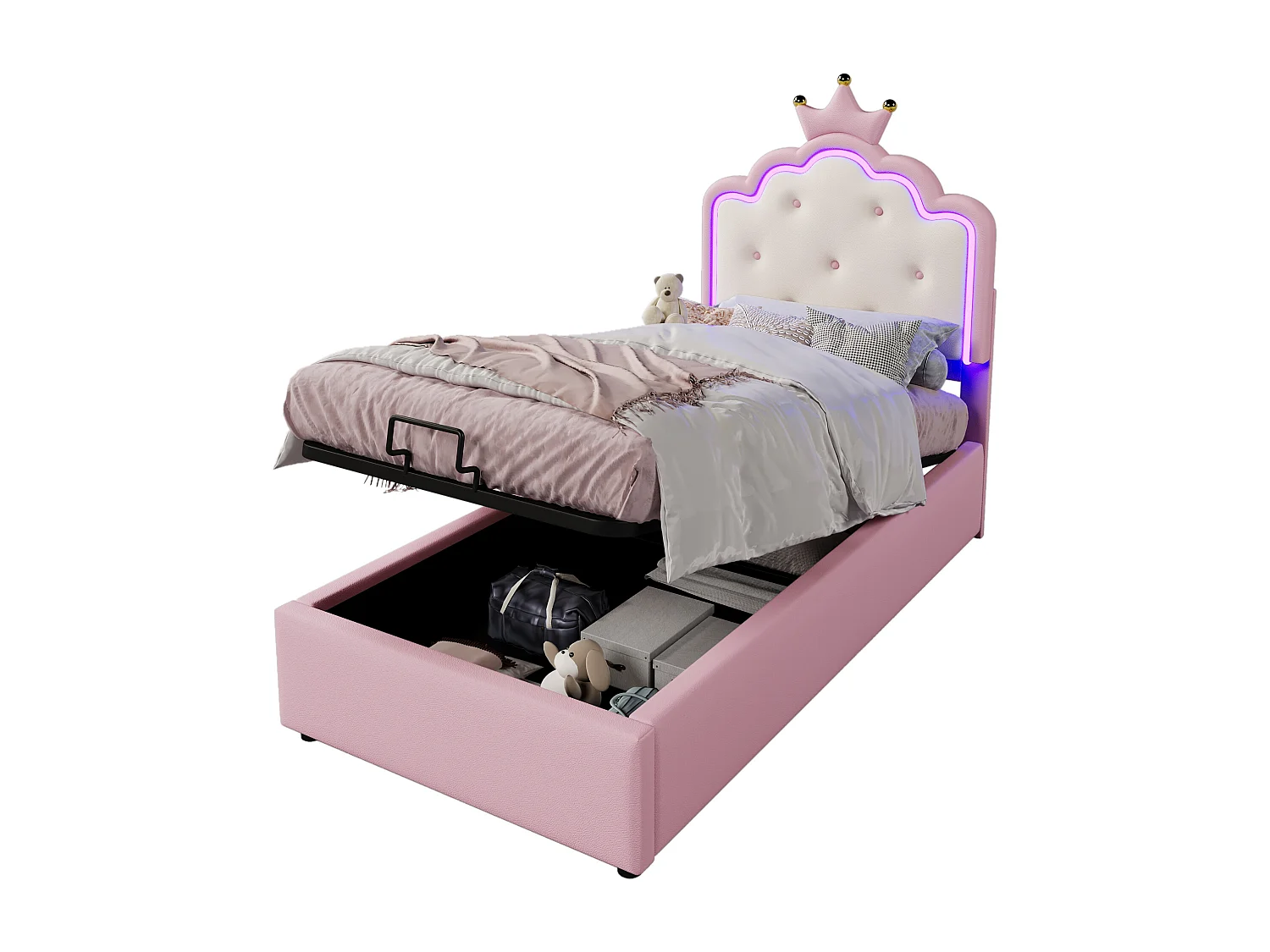 Gestoffeerd opbergbed 90x200 cm in kunstleer - met LED en lattenbodem - Roze