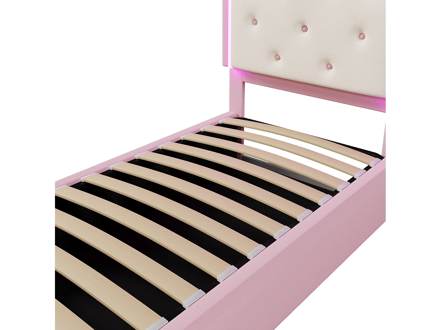 Gestoffeerd opbergbed 90x200 cm in kunstleer - met LED en lattenbodem - Roze