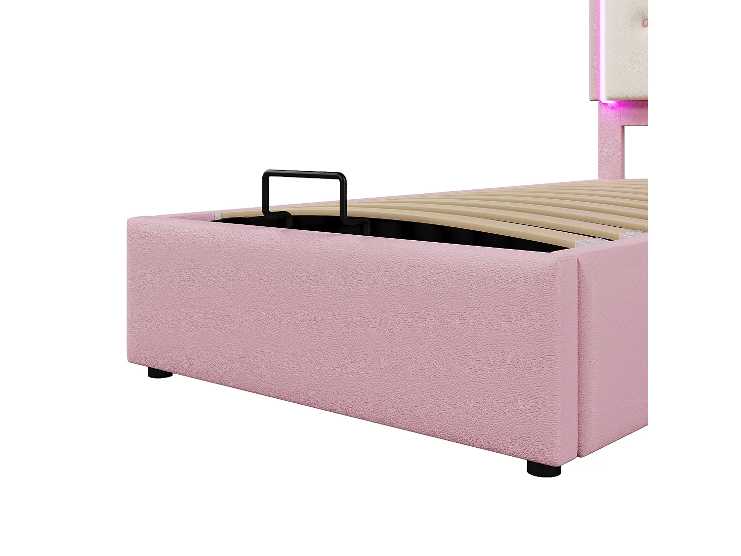 Gestoffeerd opbergbed 90x200 cm in kunstleer - met LED en lattenbodem - Roze