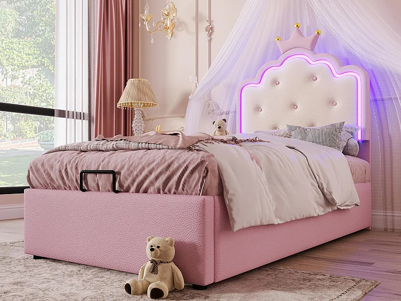 Gestoffeerd opbergbed 90x200 cm in kunstleer - met LED en lattenbodem - Roze