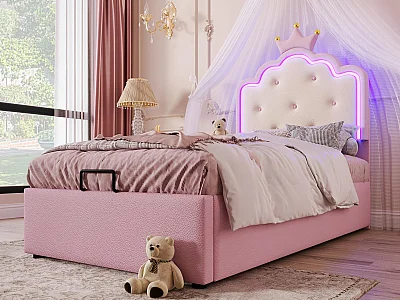 Lit coffre rembourré 90x200 cm en similicuir - avec LED et sommier à lattes - Rose