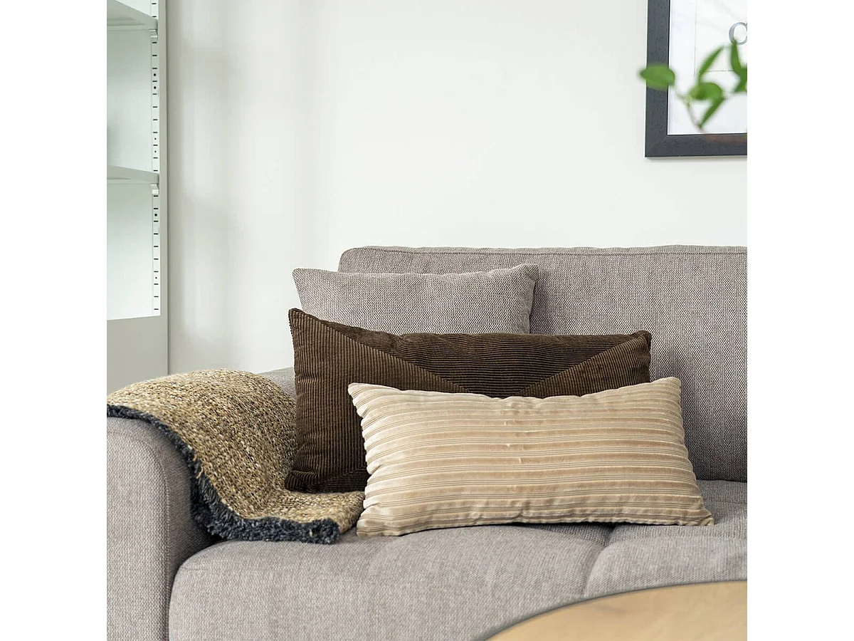 MILLA - Coussin Déco 60x30 cm Recto Rayé Velours Beige et Verso Noir