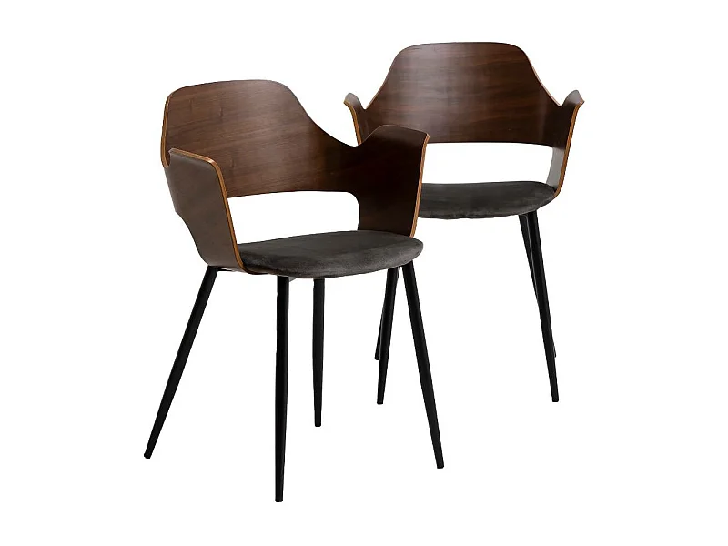 Juego de 2 sillas de contrachapado de nogal y terciopelo Florence con reposabrazos