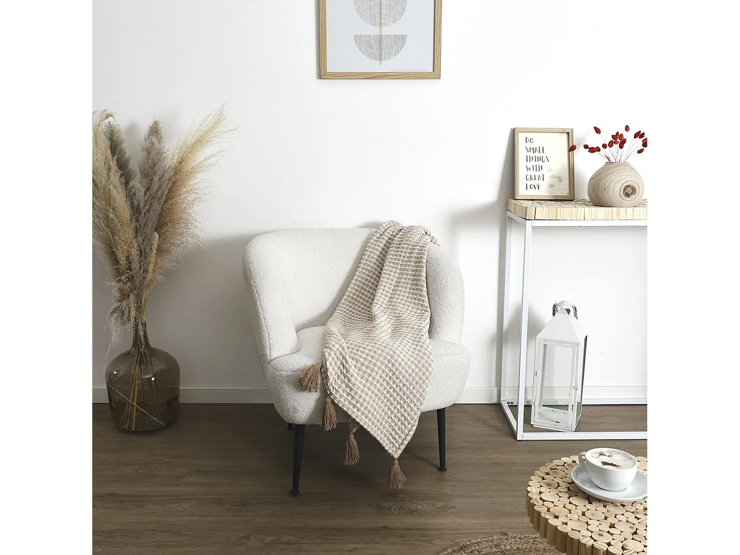 Plaid nid d'abeille et pompom collection SUZANNA 125x150 cm beige et taupe