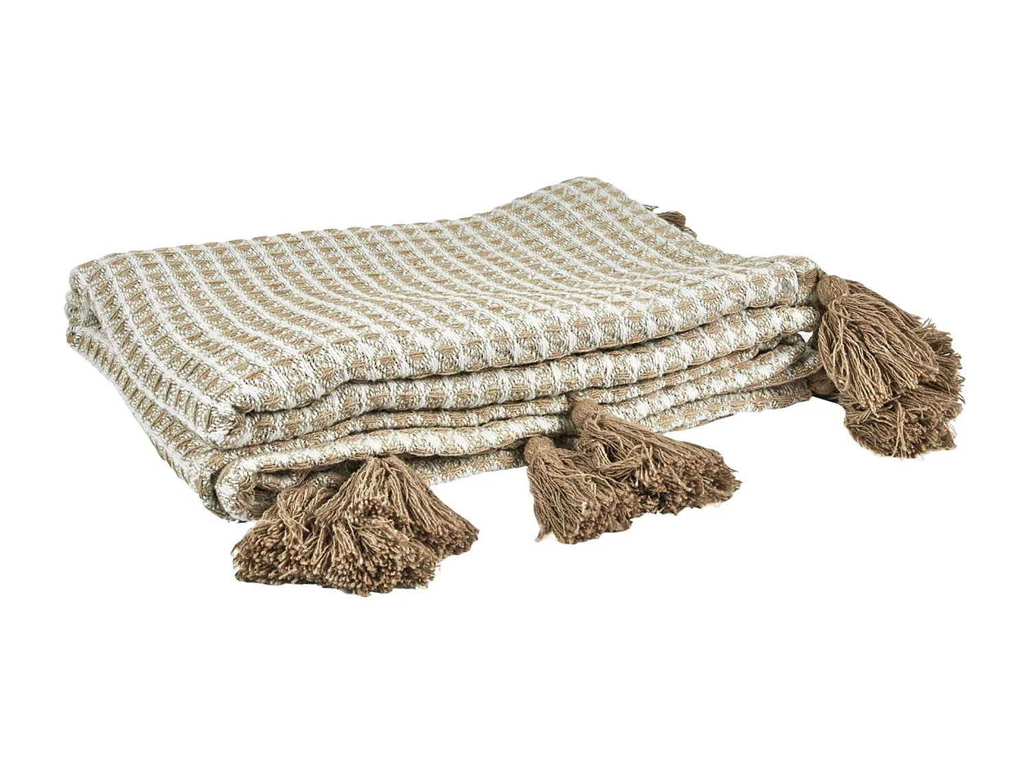 Plaid nid d'abeille et pompom collection SUZANNA 125x150 cm beige et taupe