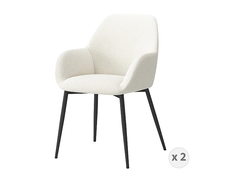 GABIN-Fauteuil de table en tissu bouclette Ecru et métal (x2)