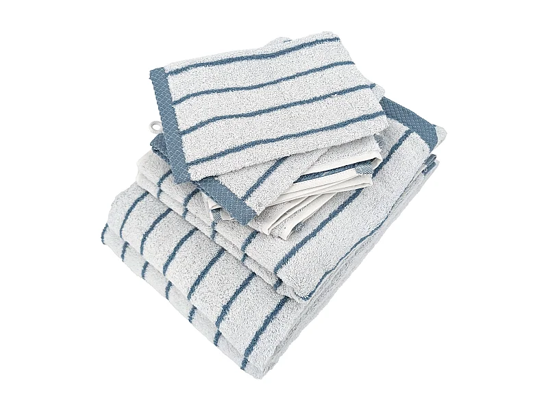 Parure de bain 7 pièces collection PURE LIGHT motif rayures pur coton bleu