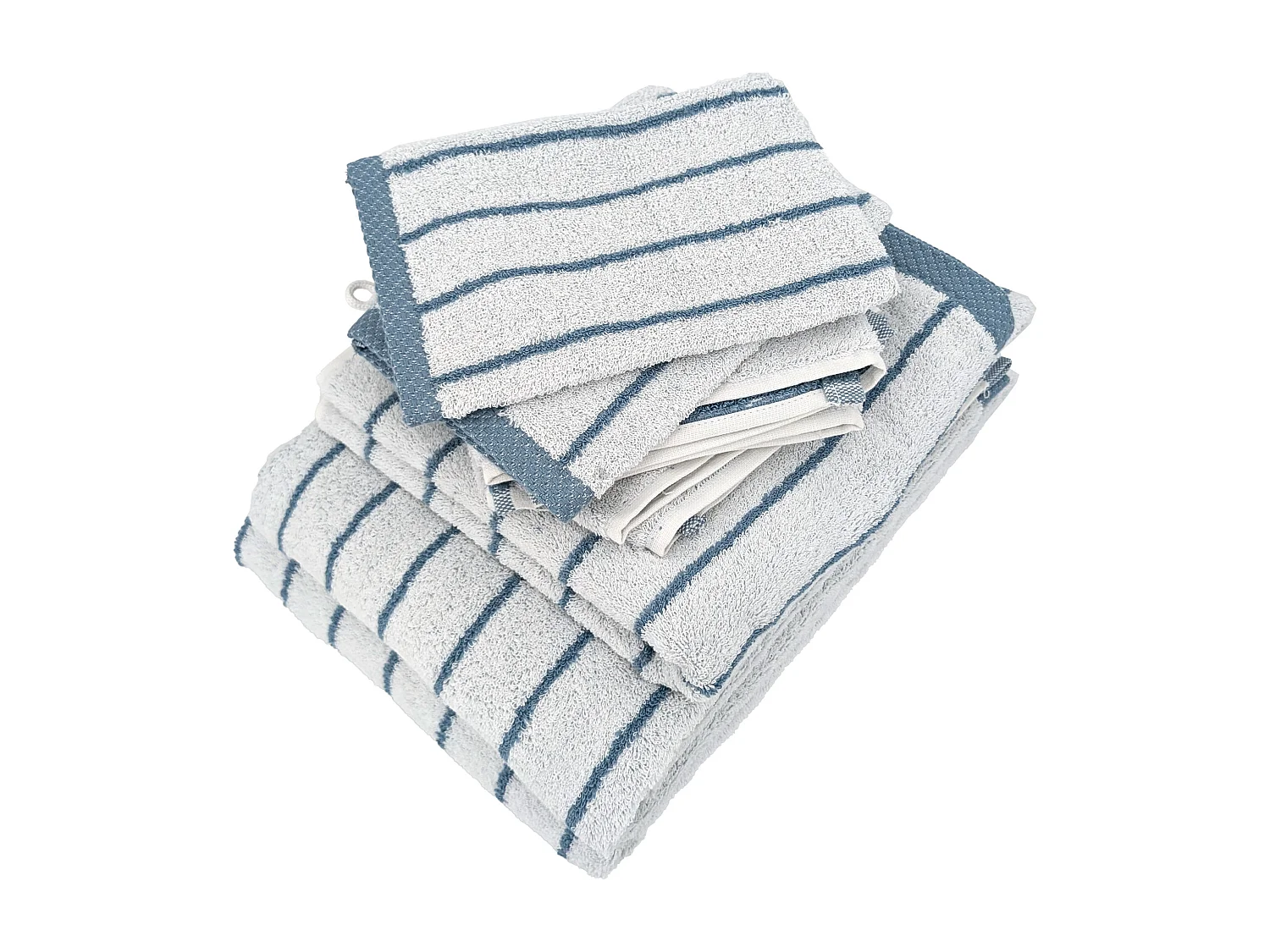 Parure de bain 7 pièces collection PURE LIGHT motif rayures pur coton bleu