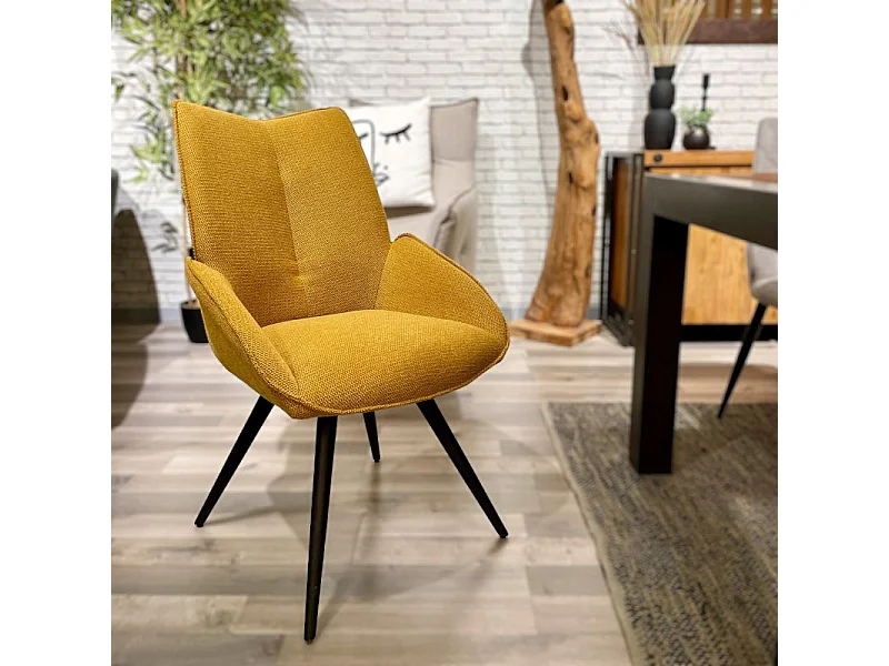 Chaise pivotante 180° tissu jaune moutarde pieds métal noir - PALOMA