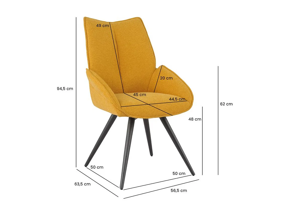 Lot 2 chaises pivotantes 180° tissu moutarde et pieds métal - PALOMA