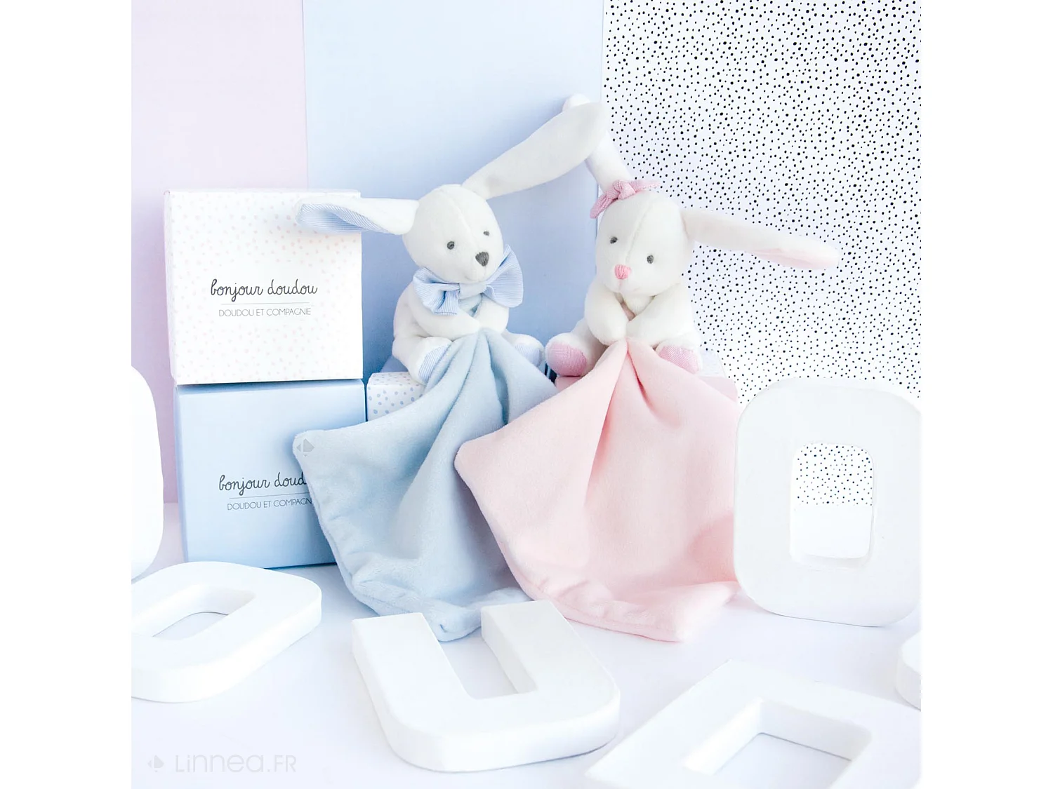 Doudou lapin 10 cm polyester collection J'AIME MON DOUDOU bleu