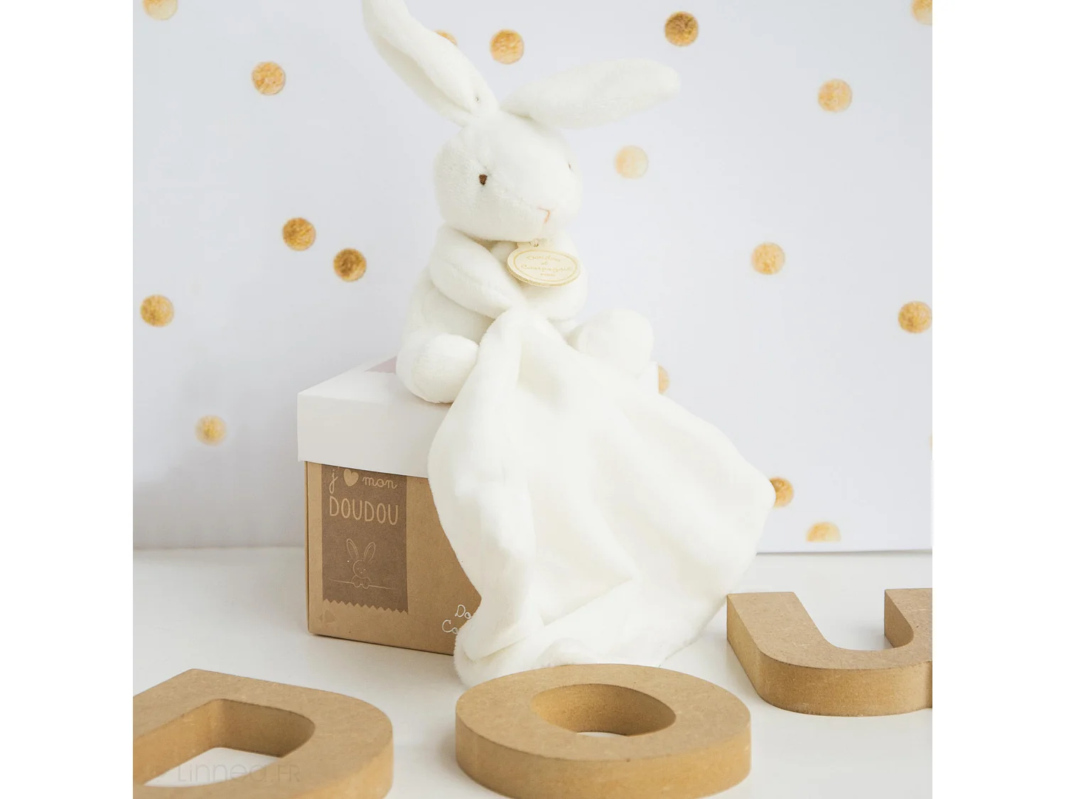 Doudou lapin 10 cm polyester collection J'AIME MON DOUDOU blanc