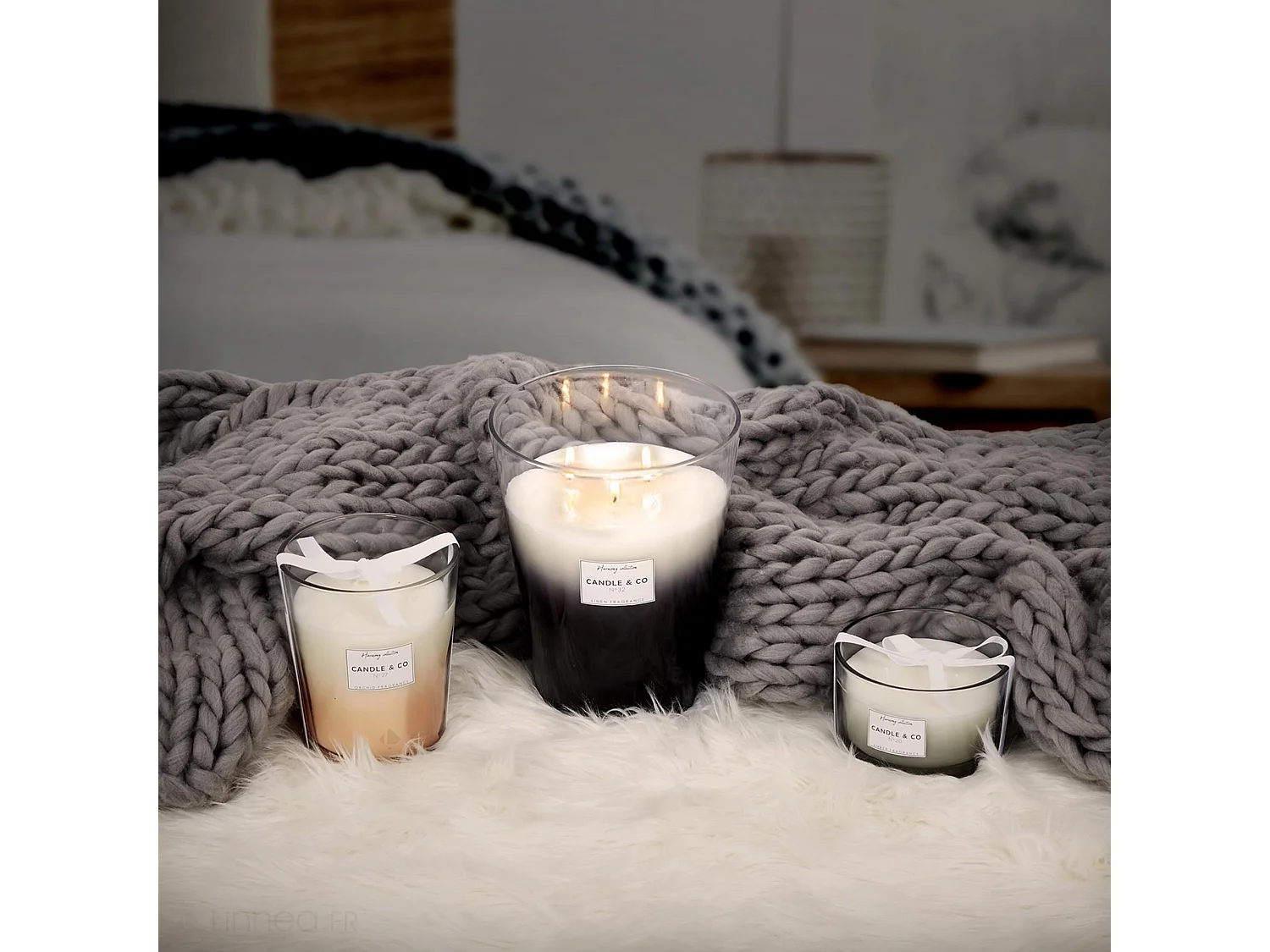 Bougie parfumée 3 mèches en coton HARMONY senteur linge frais noir