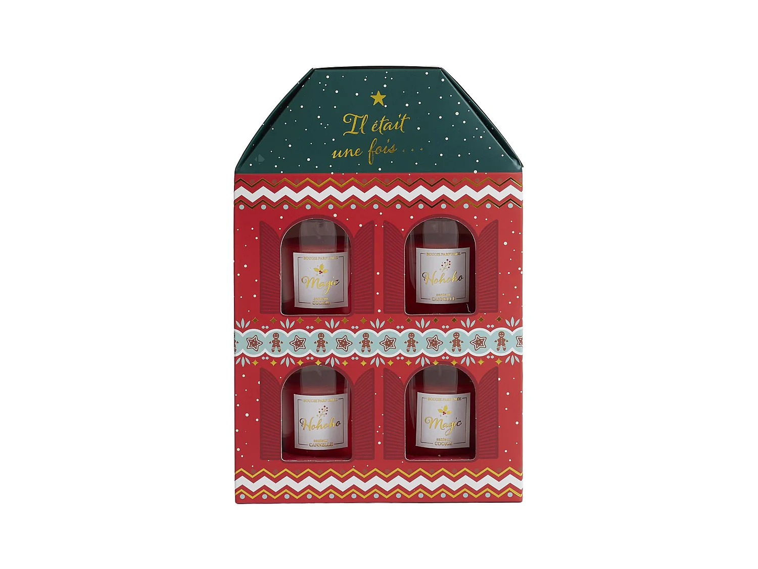 Coffret de 4 bougies senteurs cookie et cannelle MAISON DE NOEL rouge