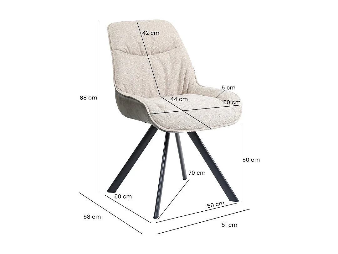 Chaise pivotante 180° en tissu blanc écru et pieds métal noir – JADEN