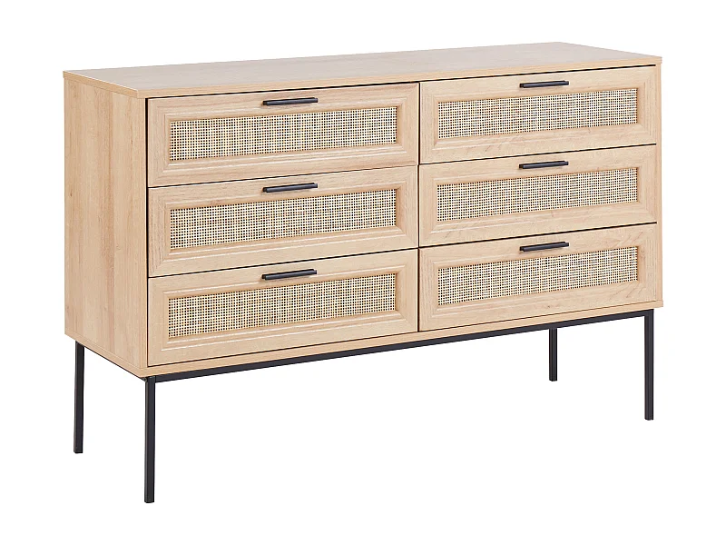Kommode 6 Rattan-Schubladen heller Holzfarbton schwarze Metallbeine modern Pasco