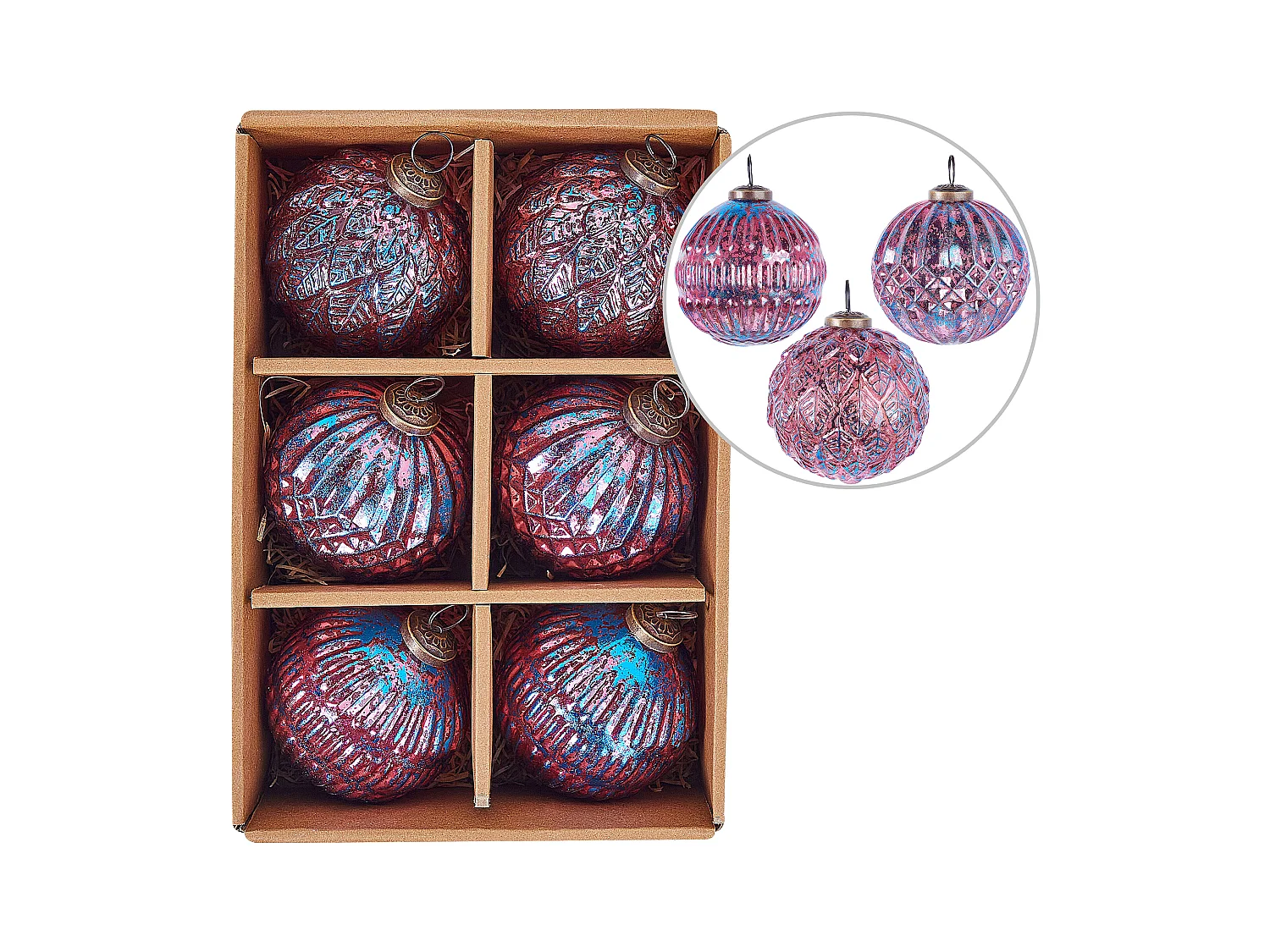 Weihnachtskugel 6er Set Glas rosa / blau Antik-Optik ASTRAL