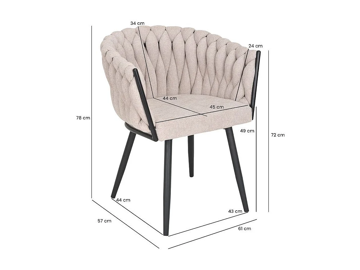 Lot de 2 chaises en tissu maille tressé beige et pieds métal - BOWI 2