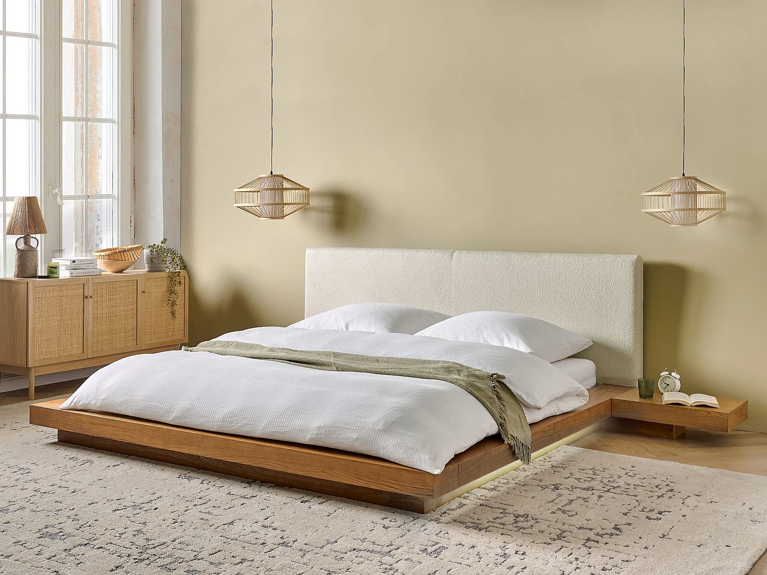 Letto con LED Bouclé ZEN 180 x 200 cm LED Frassino naturale