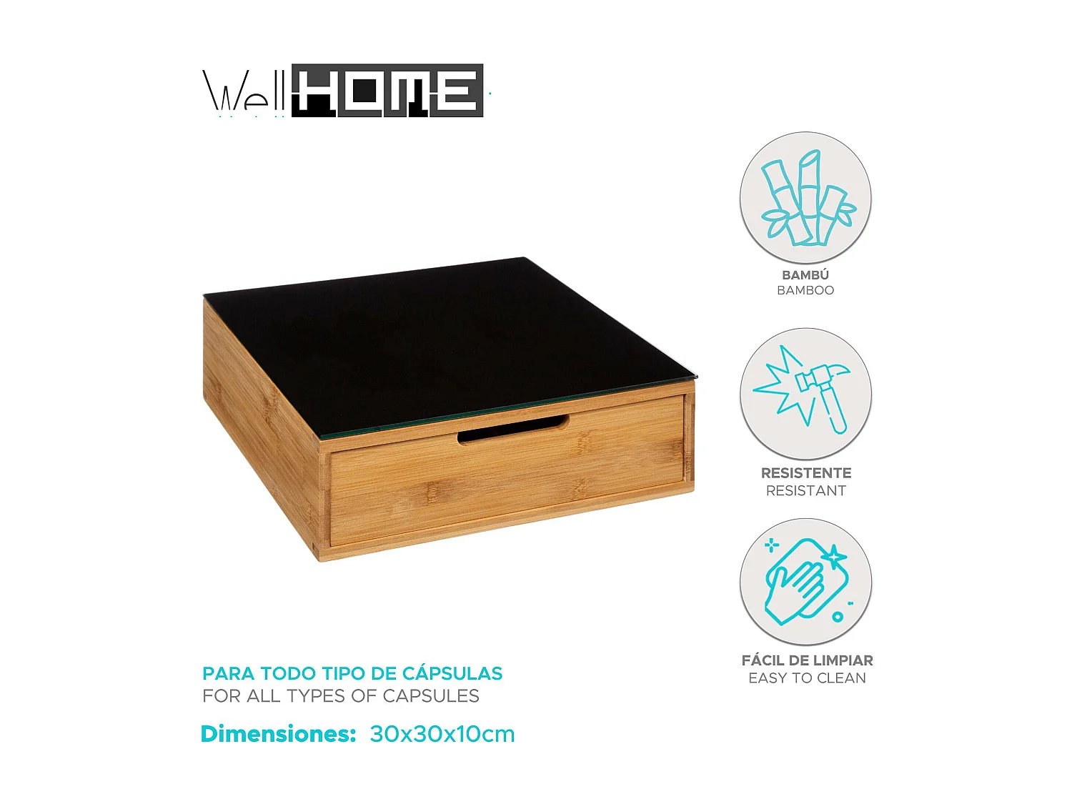 WELL HOME - Porte-capsules avec 2 tiroirs en bambou 30x30x10cm