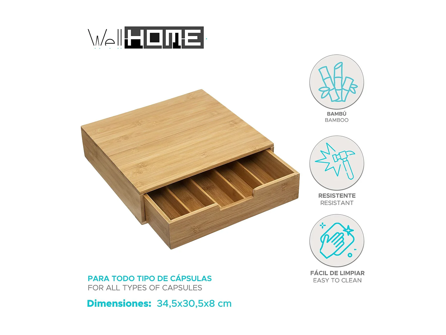 WELL HOME - Porte-capsules avec 1 tiroir en bambou 34,5x30,5x8cm