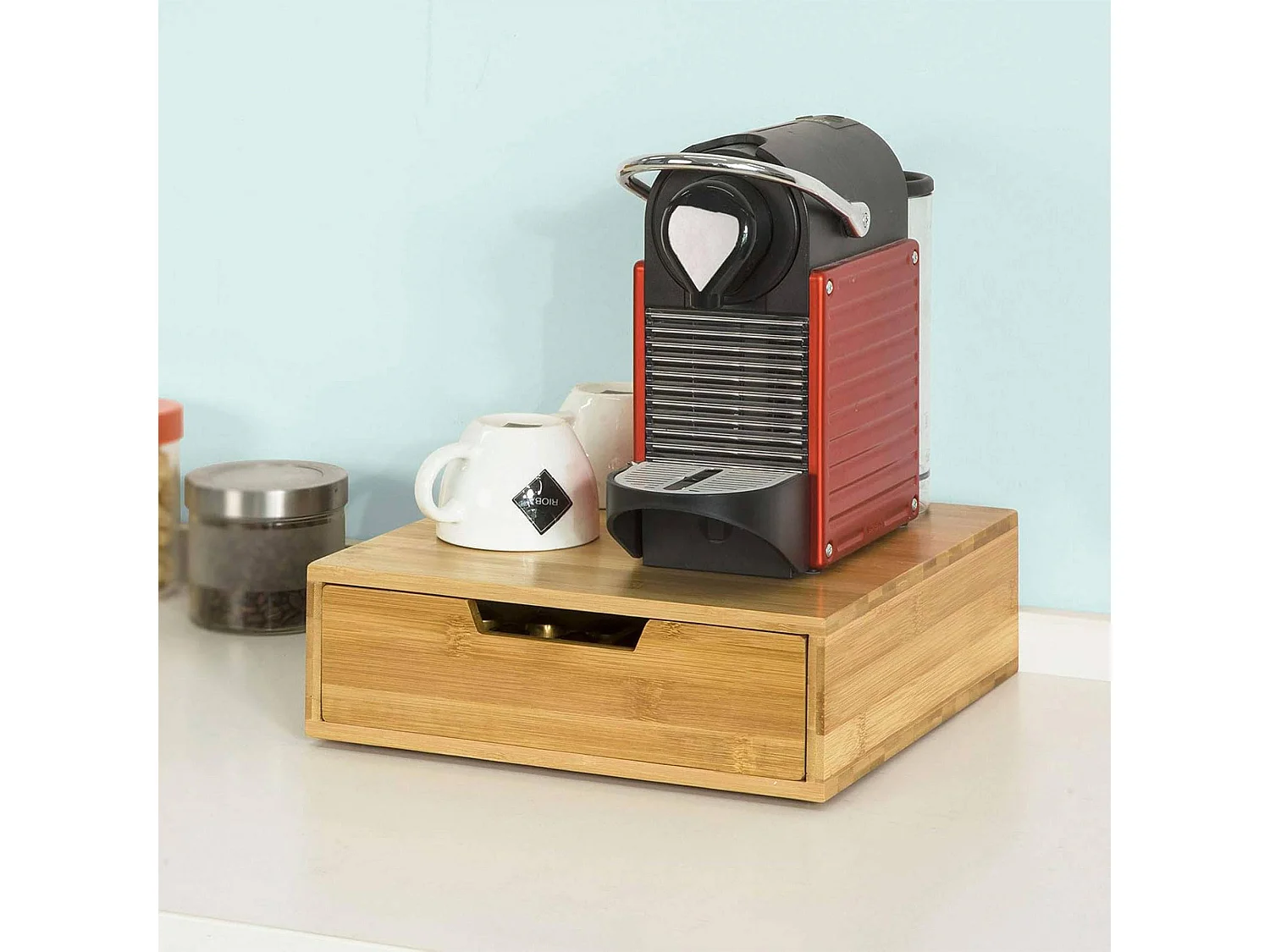 WELL HOME - Porte-capsules avec 1 tiroir en bambou 34,5x30,5x8cm