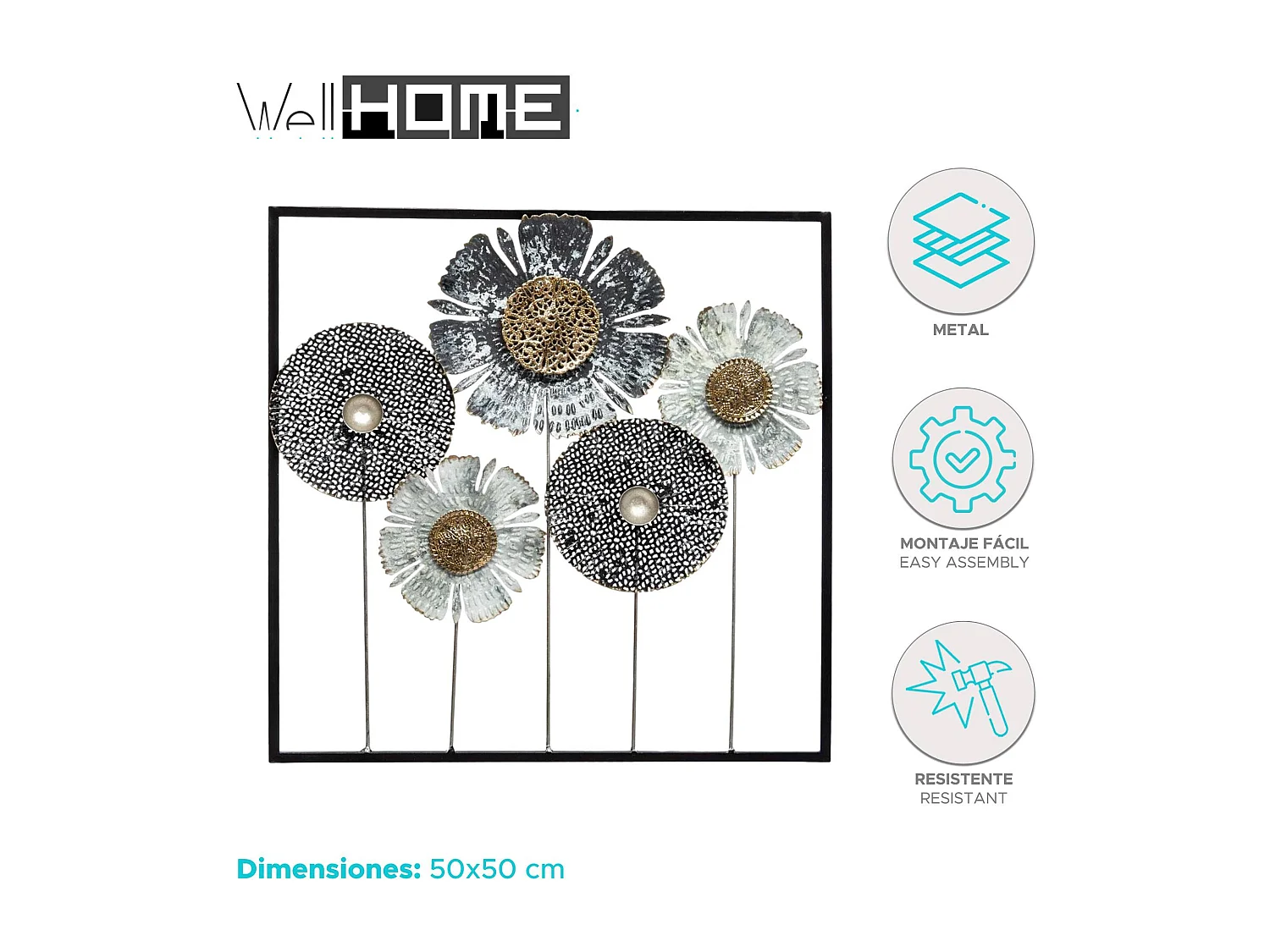 WELL HOME - Décoration murale fleur en métal 50x50cm