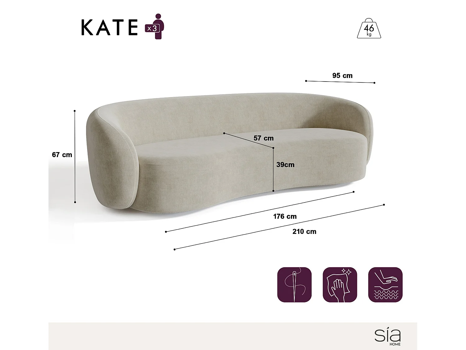 Canapé 3 places tissu tramé toucher doux taupe 210cm KATE