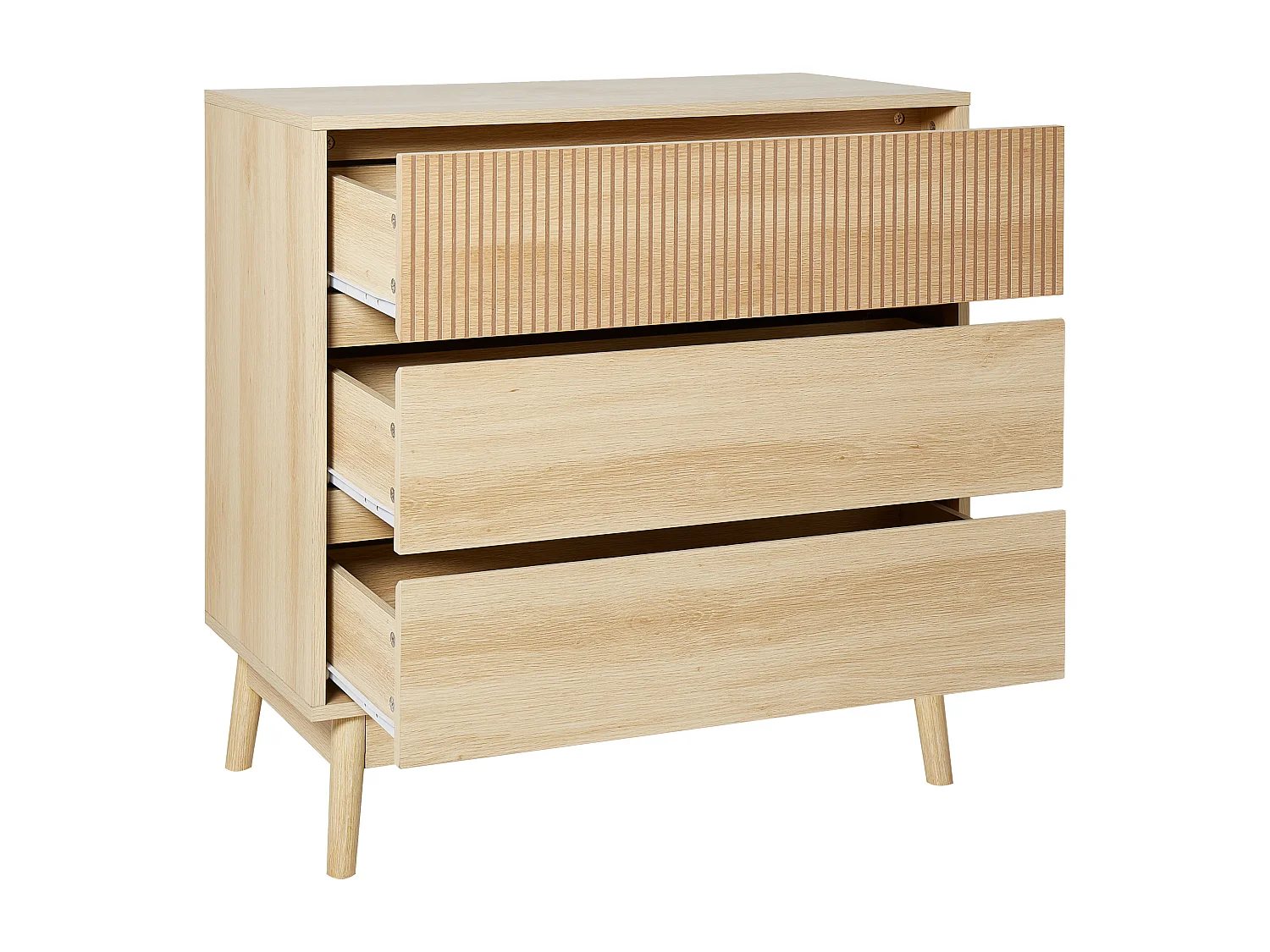 Kommode heller Holzfarbton schmal geriffelt mit 3 Schubladen halbhoch Wales