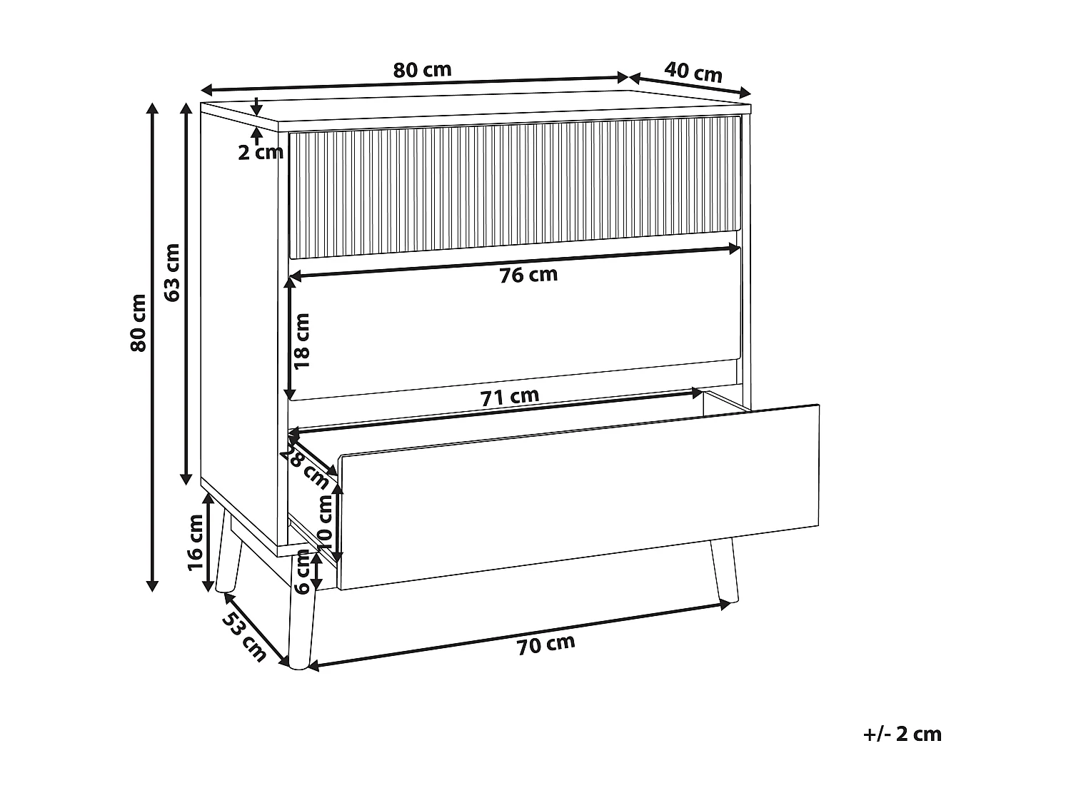 Kommode heller Holzfarbton schmal geriffelt mit 3 Schubladen halbhoch Wales