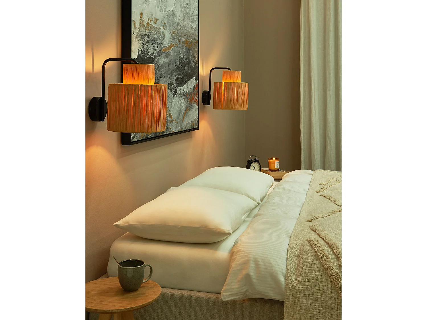 Wandleuchte Papierschirm natürlich / schwarz 1-flammig 2er Set Boho-Stil Shinfa