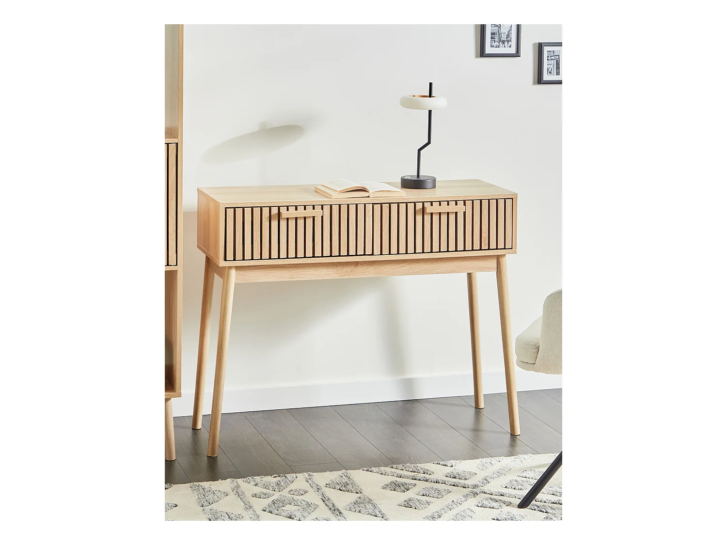 Konsolentisch schmal heller Holzfarbton Lamellen-Optik mit 2 Schubladen Lynwood