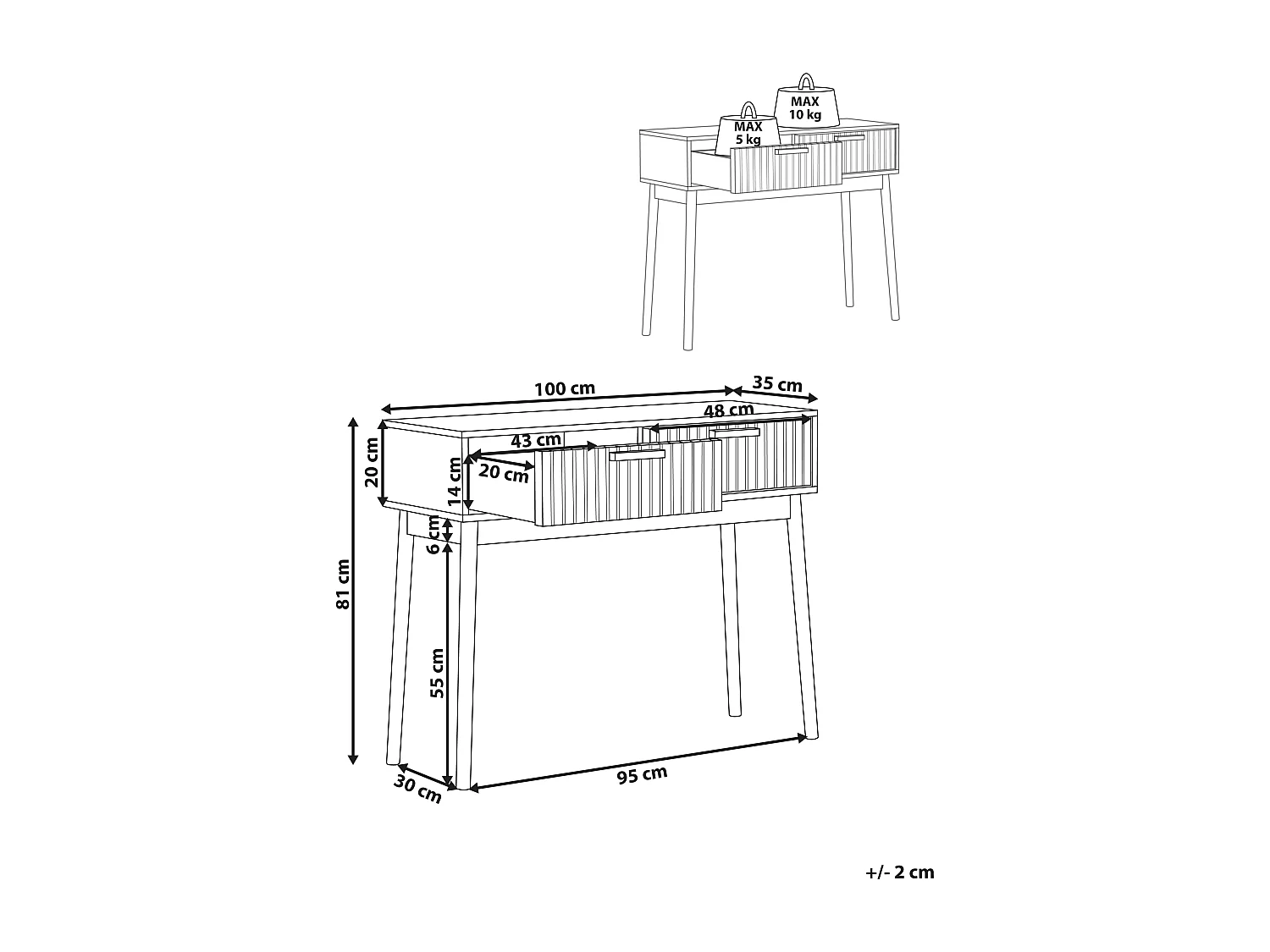 Konsolentisch schmal heller Holzfarbton Lamellen-Optik mit 2 Schubladen Lynwood