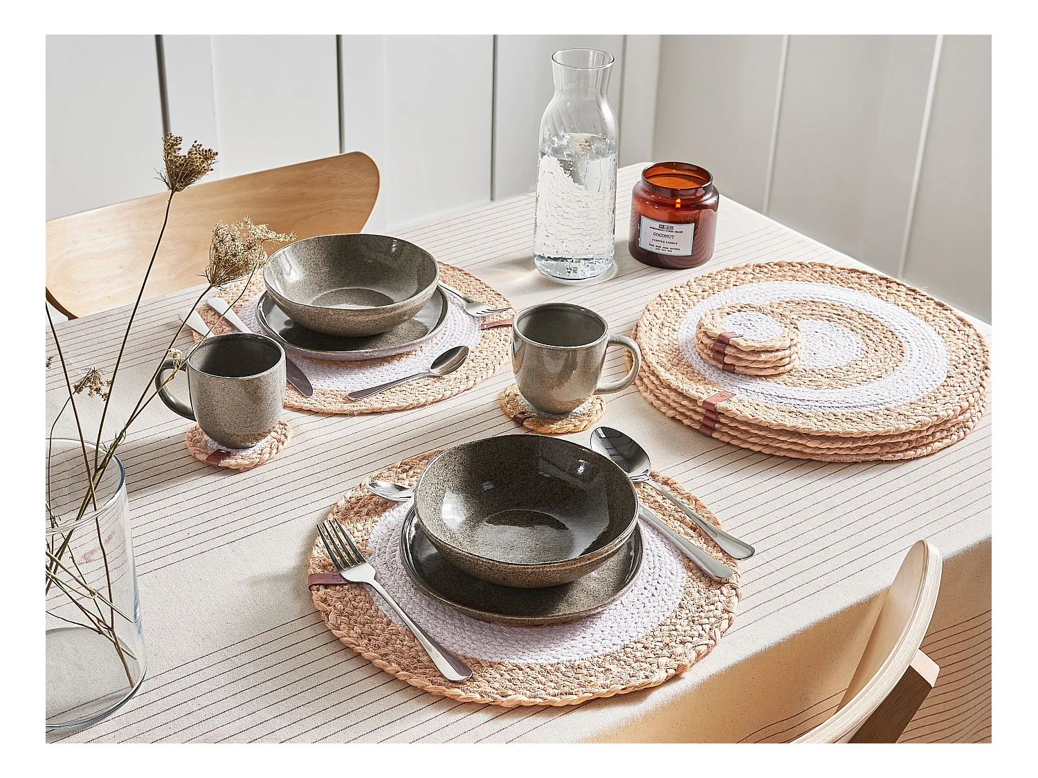 Placemats en onderzetters set TUMERIC Natuurlijk Jute