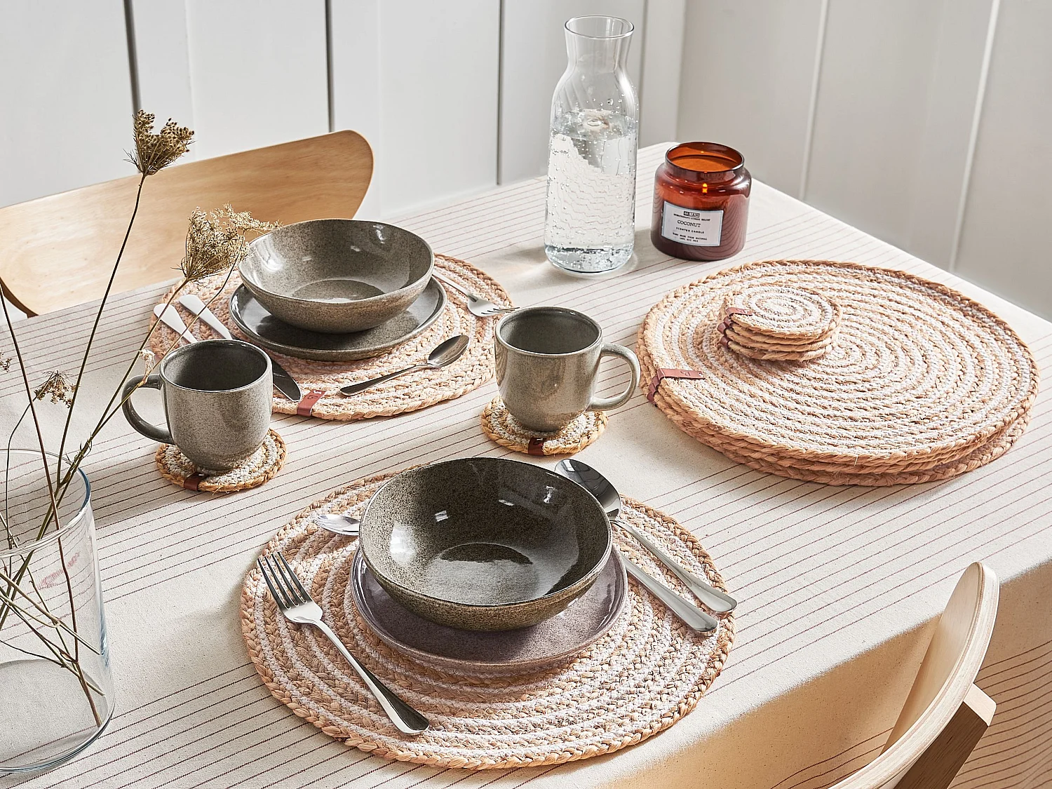 Ensemble sets de table et sous-verres QUININE Naturel Jute