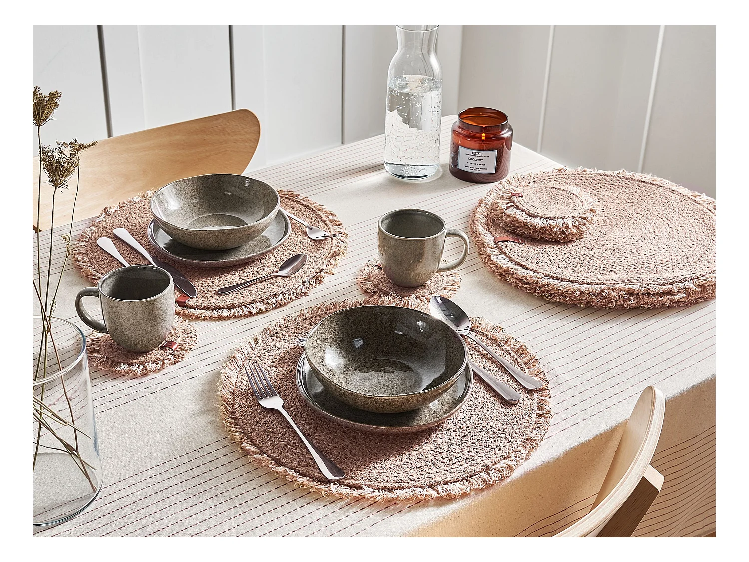 Conjunto de individuais e bases para copos RIBBERY Natural Juta