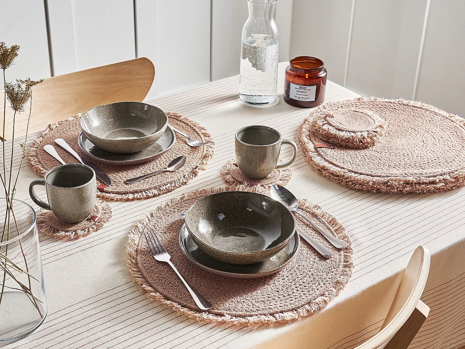 6 Personen Tischset mit Untersetzern Jute natürlich rund 12-teilig Boho Ribbery