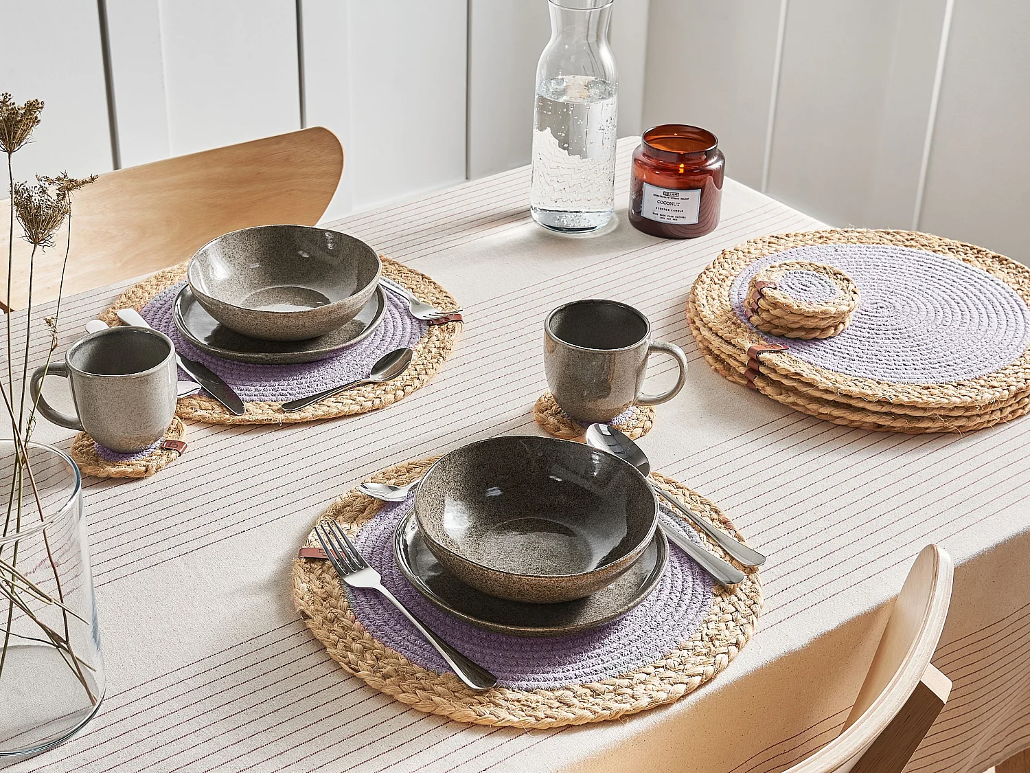 6 Personen Tischset u. Untersetzer Baumwolle natürlich/grau rund Boho Rosella