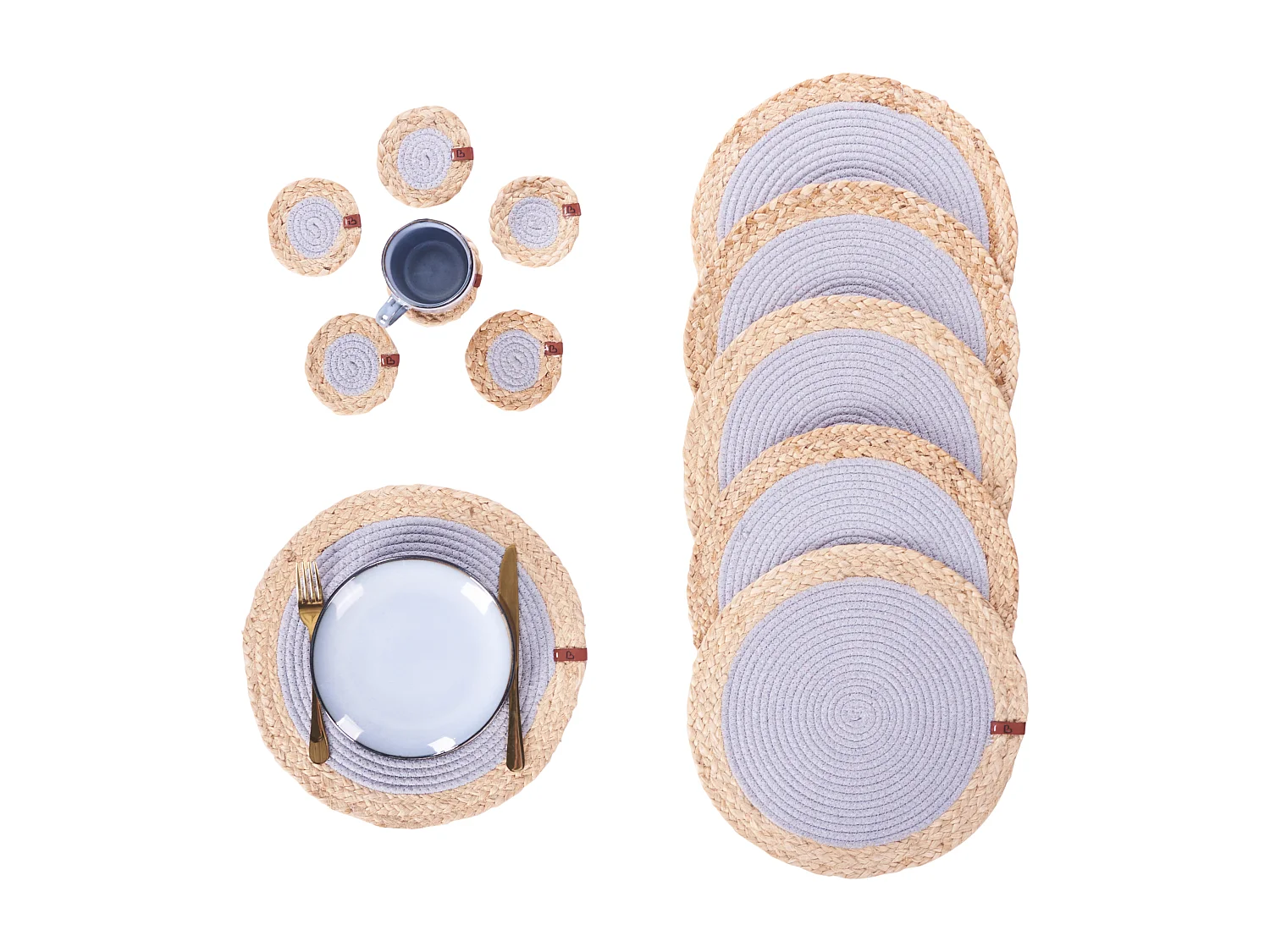 6 Personen Tischset u. Untersetzer Baumwolle natürlich/grau rund Boho Rosella