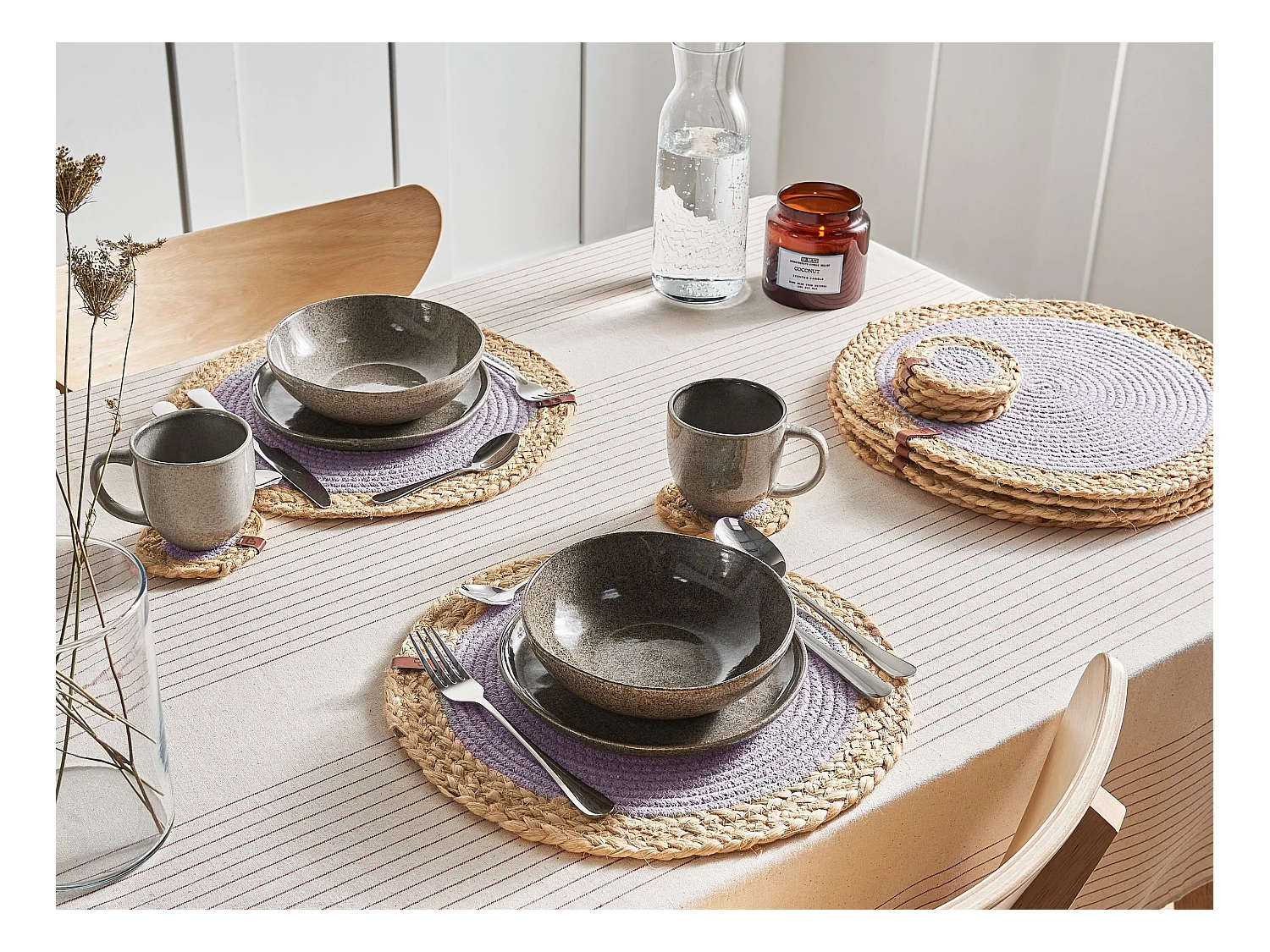 Placemats en onderzetters set ROSELLA Grijs Jute Katoen